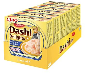 INABA Dashi Delights: Chicken with Tuna Recipe (6 x70g) / Bits in Broth Cat Food Topping, Rich in Protein, Natural Ingredients, Delicious and Healthy, Wet Cat Food