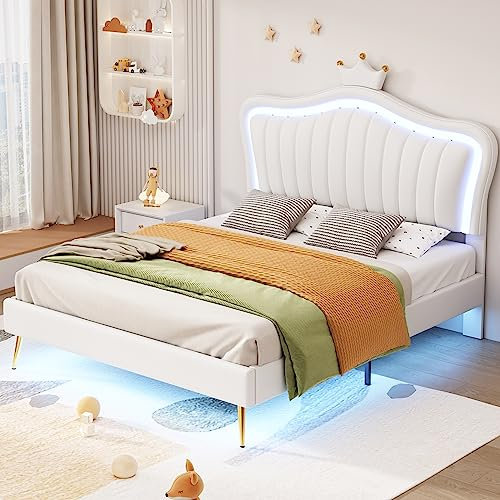 WIZBED Kinderbett Polsterbett 140 x 200 cm, Doppelbett Bettgestell Betten für Mädchen, weißes Kronen Bttgestell aus PU-Leder, Lattenrost und verstellbar Kopfteil,ohne Matratze