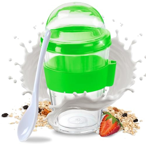 Tazza per cereali 'Spoon' trasparente con cucchiaio in plastica bianca – Tazza per yogurt con coperchio e cucchiaio – Contenitore per il pranzo con supporto per cucchiaio da viaggio – adatto per latte