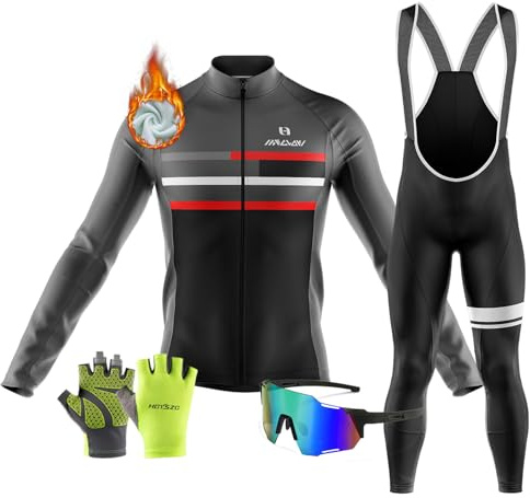 Abbigliamento Ciclismo Uomo Invernale In Pile Completo，Maglia da Ciclismo a Maniche Lunghe+Salopette Ciclismo Con Cuscinetto in gel 9D＋Occhiali da ciclismo Guanti