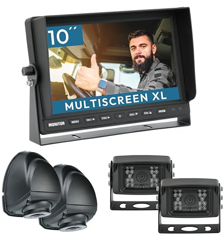 VSG24 Rückfahrkamera 10 RUNDUMBLICK-XL Set inkl. 2 x Schwerlastkamera und 2 x Seiten-Kamera, Monitor, Kabel, Nachtsicht 12V-24V Einfache Montage/Rückfahrsystem für Wohnwagen LKW
