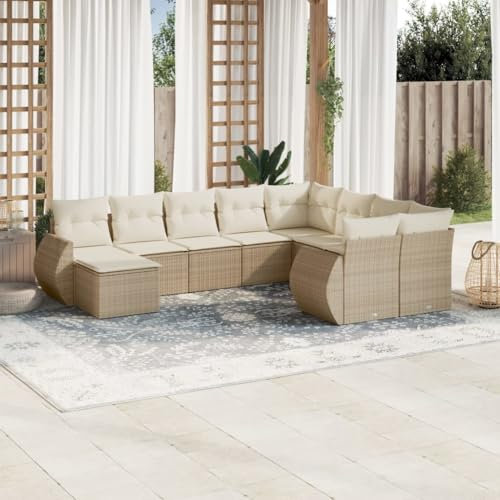 Rantry 10-TLG. Gartenmöbel Set mit Kissen Gartensofa Balkonmöbel Gartenlounge Ecklounge Ecksofa Loungesofa Sitzgruppe mit Gartentisch Loungemöbel Beige Poly Rattan