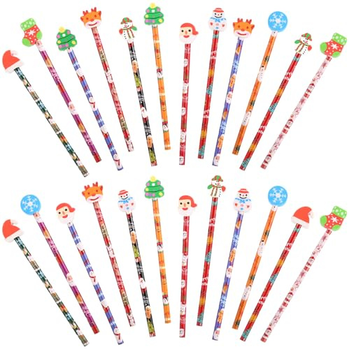Kesote 24 Matite Natalizie per Bambini con Gomme da Cancellare, Gadget Natalizi con Disegni Diversi di Regali, Economici Regali di Natale