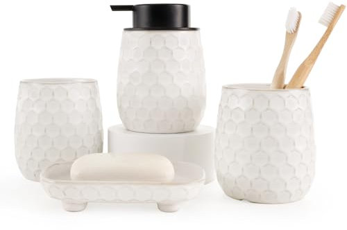 Umlaca Badezimmer Set - 4-Teiliges Keramik Organizer Mit 400ml Seifenspender, Zahnputzbecher, Seifenschale, Hochwertiges Deko Set (Beige)