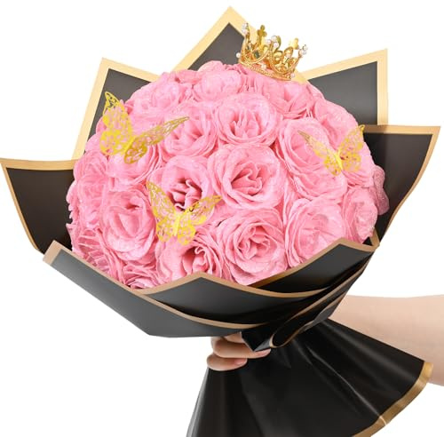 36+20 Glitzer Rosen Blumenstrauß, DIY Gefälschte Blumen Blumenstrauß, Basteln Sie die Initialen Ihrer Lieben Namen mit künstlichem Rosenstrauß für Valentinstag, Jahrestag, Hochzeit | Künstlicher Rosenstrauß für Valentinstag, Jahrestag, Hochzeit, Muttertagsgeschenke, Rosa & Weiß