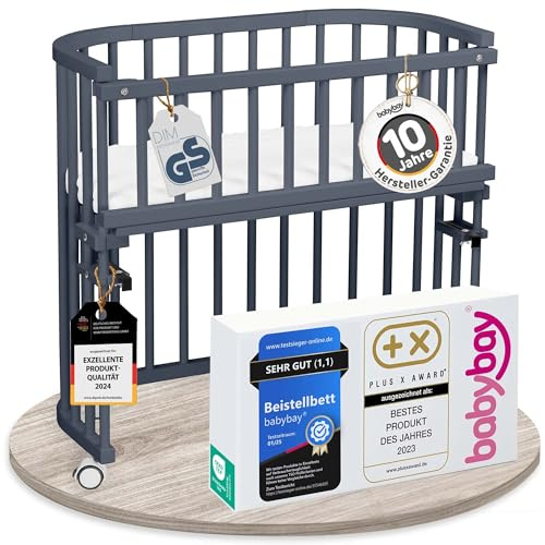 babybay Original Beistellbett aus massivem Buchenholz/kompakt & verwandelbar/Kinderbett Höhe stufenlos verstellbar/mitwachsendes Babybett (schiefergrau lackiert) / inkl. Matratze, Gitter, Rollen