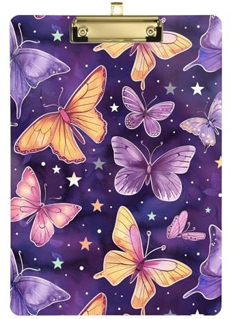 Acryl-Klemmbrett mit Schmetterlingen und Sternen, A4, 31,8 x 22,9 cm, mit flachem Profil-Clip für LKW-Fahrer, Apotheke, Violett