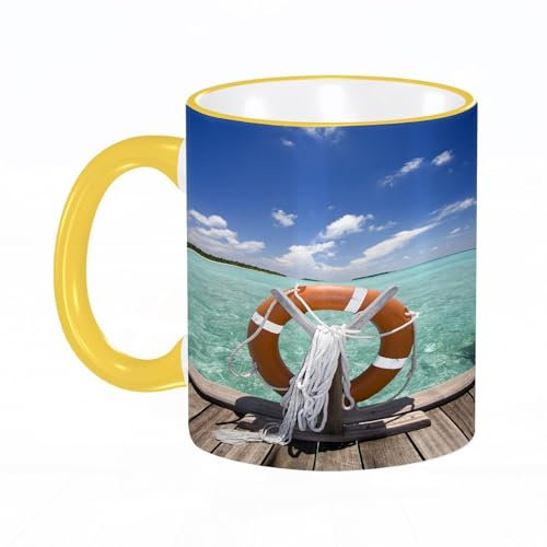 YOIUE Tasse aus Keramik - Große 11oz Tassen 330ml Kaffeetassen mit Henkel, 100% Handbemalt - Trinkgläser mit Griff - Weiß,Rettungsring, Rettungsring auf Pier Sommerhimmel exotische tropische Sonne