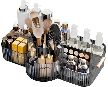 DASITON Makeupborsthållare med stor kapacitet, roterande makeuporganiserare, vintage randig hudvårdsorganisatör för sminkbord, badrum, sovrum (grå)