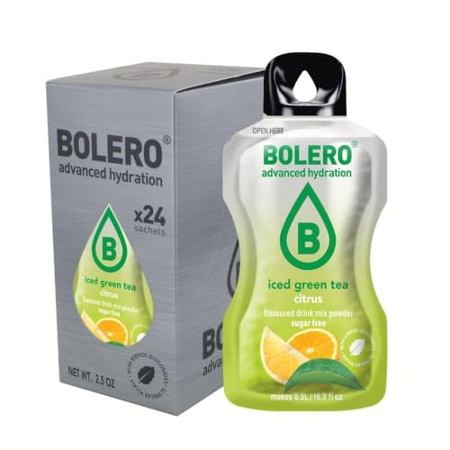Bolero THÉ VERT GLACÉ AGRUMES 24x3g | Poudre pour boisson sans sucre, édulcorée à la stévia + vitamine C | convient aux enfants, aux sportifs et aux diabétiques