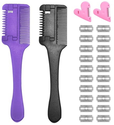 yolzhxe Pettini per Tagliacapelli, Doppia Faccia Tagliacapelli Set con 2 Pezzi Pettine da Taglio, 20 Lame di Ricambio e 2 Pezzi Split Ends Trimmer, per Tagliare e Acconciare Capelli di Capelli a Casa