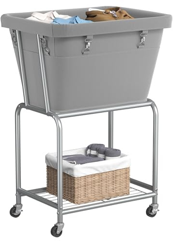 ELYKEN Cesto portabiancheria su ruote, cesto portabiancheria con ripiano in metallo resistente, 90 l, organizer per lavanderia, camera da letto, bagno ETHLC06G1