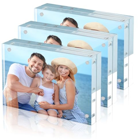 HOUSE DAY Acrylic Picture Frames,3packs, 10 X 15 Cm (4 X 6) Magnetic Photo Frames, Clear Glass Photo Block, Double Sided Photo Frame, Free Standing Frameless Frame For Family,Best Friend
