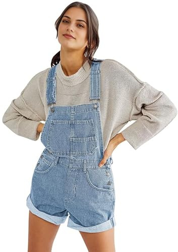 Petalum Women Denim Dungarees Shorts Jeans Jumpsuit Loose Fit Adjustable Strap Overalls Bib Shorts Vintage Washed with Multi Pockets