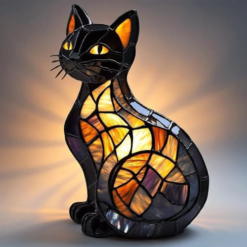 Kosinso Katzenlampe, Vintage-Katzenlampe aus Buntglas, handgefertigtes Nachttisch-Nachtlicht mit Tiermotiv für das Schlafzimmer zu Hause (B)
