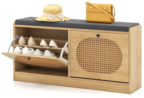 HOAMSIS Banc à Chaussures avec Coussin, Meuble de Rangement à Chaussures avec 2 Tiroirs en Rotin et Etagères Réglables, Porte-Chaussures pour Entrée Couloir Salon, 101,5 x 24 x 48 cm, Charge 120 kg