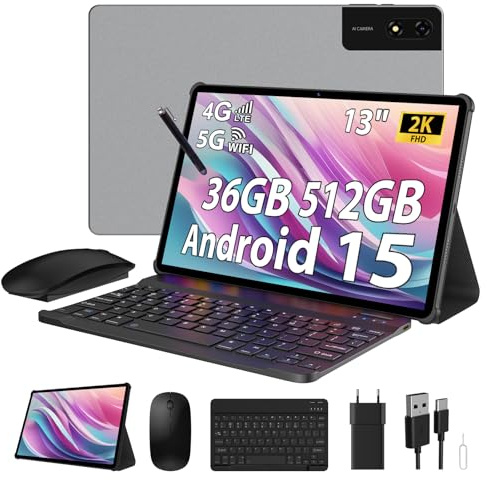 DEEMWOLF Tablet 13 Inch Android 15 Tablet with SIM Slot,4G LTE and 5G WiFi,36GB RAM+512GB ROM/2944 * 1840 FHD/11580mAh /20W/Face ID/GPS/BT 5.0/TÜV/USB-C,Tablets with Keyboard,Mouse