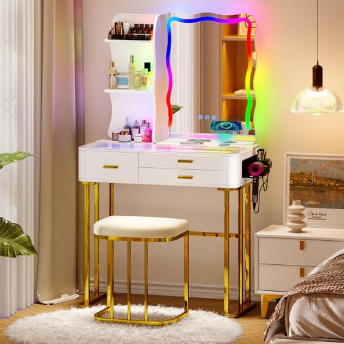 Gurexl Schminktisch mit RGB LED Spiegel und Ladefunktion,Weiß schmuckschrank mit Glasplatte und Gepolsterter Hocker,Frisiertisch mit Haartrocknerständer für Schlafzimmer Wohnzimmer Mädchen Geschenk