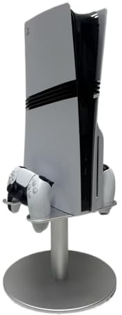 ZGOUO Support au sol pour PlayStation 5, PS5 Slim et PS5 Pro Console Disc Version/Digital Version + manette sans fil,alliage d'aluminium, câblage dissimulé, Fixation par vis(PS5 Slim&Pro Argenté 23CM)