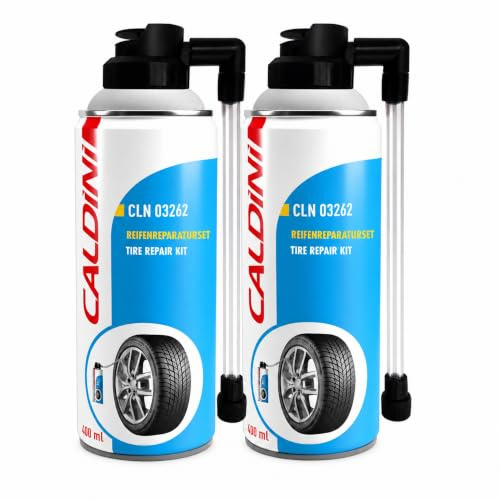 Caldini Reifendichtmittel 2 x 400 ml, Reifenpannenspray für Auto, Motorrad, Fahrrad und Wohnmobil, repariert und pumpt Platte Reifen auf, sofortige Pannenhilfe, einfach und zuverlässig