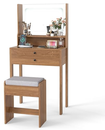 COSTWAY Schminktisch mit gepolsterter Hocker, Kosmetiktisch mit Steckdosen & 3 farbige LED Spiegel, Frisiertisch mit Glasplatte, offenem Regal & 2 Schubladen (64 x 40 x 132 cm,Braun)