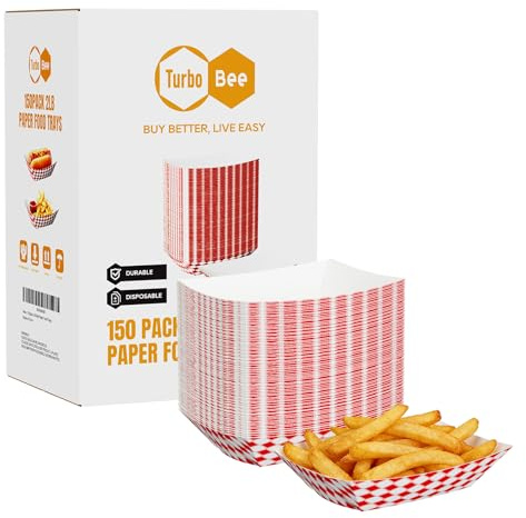 Turbo Bee Red White Checkered Paper Food Trays 2lb, 150 Pack - Heavy Duty Grease Resistant Boats for Nachos, Fries, Hot Dogs, Tacos, Popcorn - Concession, Carnival, Food Truck Trays