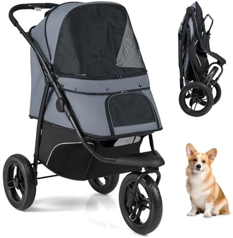 COSTWAY Hundewagen klappbar, Hundebuggy bis 25 kg, Katzenwagen 3 Rad, Haustierwagen mit verstellbarem Sonnendach, Netzfenster, Korb & Polster, Haustierbuggy für Katzen Hunde (Grau)