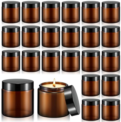 24 Pack 120ml Amber Round Glass Jars Empty Refillable Jars with Plastic Lids for DIY Candle Homemade Facial Cream Essential Oils Travel