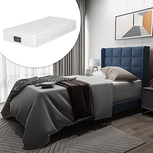 vutizal Sängklädsel, sängram, enkelsäng, dubbelsäng, 90 x 200 cm blått linne | 7-zons madrass ribbotten | komplett set H3 hårdhet | Modern konstruktion