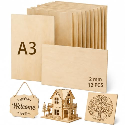12 PCS A3 Plywood Sheets, 2mm Thin Basswood Sheets, Unfinished Wood Boards for Crafts, Smooth Easy to Cut Craft Wood for DIY, Painting, Staining, Engraving and Model Making(297 x 420mm)