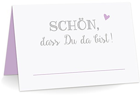KuschelICH Premium Tischkarten Schön, DASS Du da bist! mit Herz Platzkarten zum selbst Beschriften (Flieder, 50)