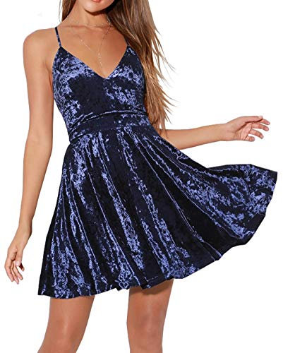 R.Vivimos Autumn Winter Women's Velvet Party Sexy Backless Mini Dress V Neck Spaghetti Strap Sleeveless Short Dress(XXLarge,DarkBlue)