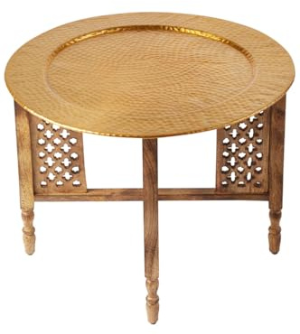 Table basse ronde Marocaine Hania - Diamètre 60 cm - Ronde - Table de salon orientale avec structure pliable en bois marron - Le plateau est en aluminium doré