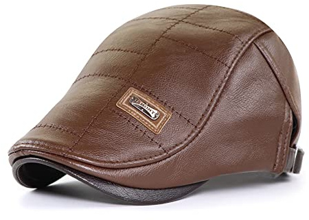 CHENNUO Leder Kappe Herren Winter PU-Leder Schiebermütze Flatcap Schirmmütze (Braun)