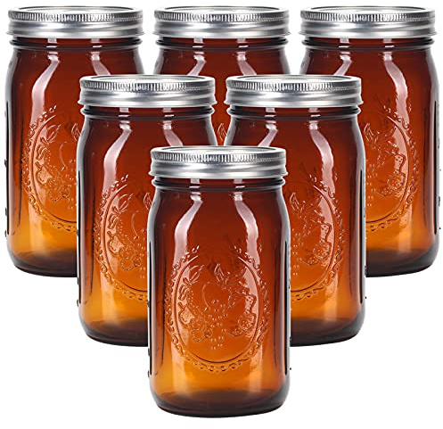 eleganttime Amber Glass Mason Jars 32 oz Wide Mouth with Airtight Lids and Bands 6 Pack Large Glass Canning Mason Jars Quart,Great for Canning Jar Pickle Fermenting Jam Jar
