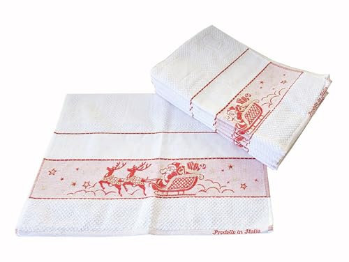 Strofinacci Canovacci Natale Set 6 Pezzi 100% Cotone Misura Cm 50x70 Tela Aida Ricamo Hobby Cucito Prodotto Italiano (Slitta con Babbo Natale)