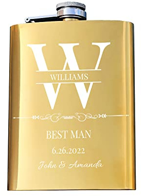 Flachmann für Trauzeugen, Geschenk für Hochzeit, personalisierbar, 304 Edelstahl, 237 ml, goldfarben