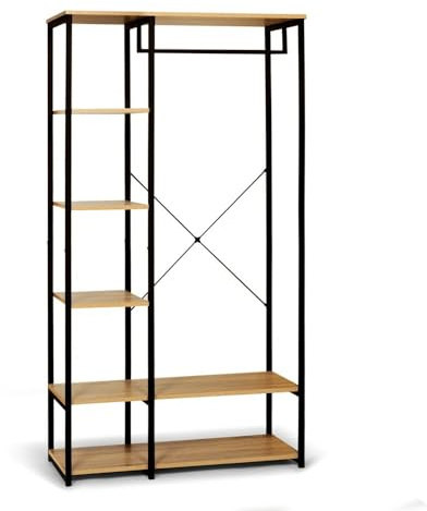 FACILITYS - Vestidor Habitación Adulto 167 x 90 x 40 cm - Perchero de Ropa 6 Estantes - Armario Ropero Barra 53 cm - Diseño Elegante Metal Negro Efecto Madera - Almacenamiento de Ropa Práctico