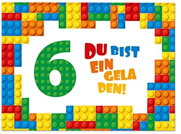 Junaversum 12 Einladungskarten zum 6. Kindergeburtstag Einladung sechste Geburtstag Jungen Bausteine