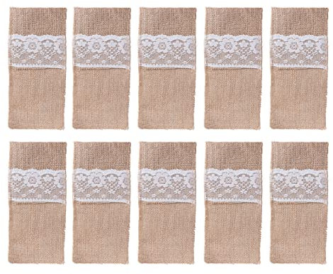 UIYIHIF 10 Packungen Bestecktaschen aus Natürlicher Sackleinenspitze, Utensilienbesteckhalter aus Sackleinen, Rustikale Beutel, Taschen, Messer, Gabeln, Tasche für Rustikale Vintage-Hochzeitsfeier