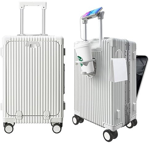 TurelinnG Handgepäck Koffer, 20 Zoll Aluminiumrahmen, Hauptkörper (PC) Koffer mit Spinner-Rädern, Hard Carry-on Koffer & Trolleys(Weiß)