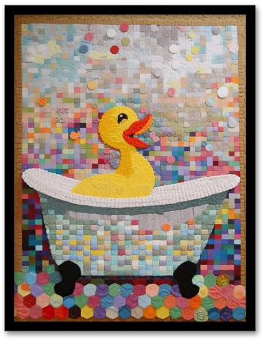 Artery8 Yellow Rubber Duck Ducky Bath Time Bathroom Toilet Art Yellow Mosaic Kids Room Nursery Art Print Framed Poster Wall Decor 12x16 inch