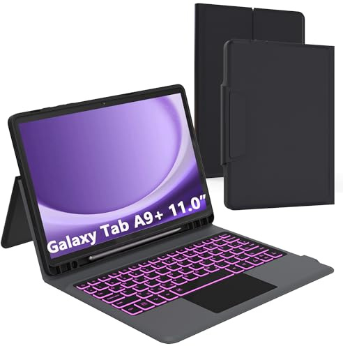 für Samsung Galaxy Tab A9+ Plus 11 Zoll QWERTZ-Layout Tastatur mit Touchpad | 7 Farben RGB-Hintergrundbeleuchtung, Tastatur mit Trackpad, Stifthalter, Abnehmbar, Magnetisch, Für Studierende, für Reisen