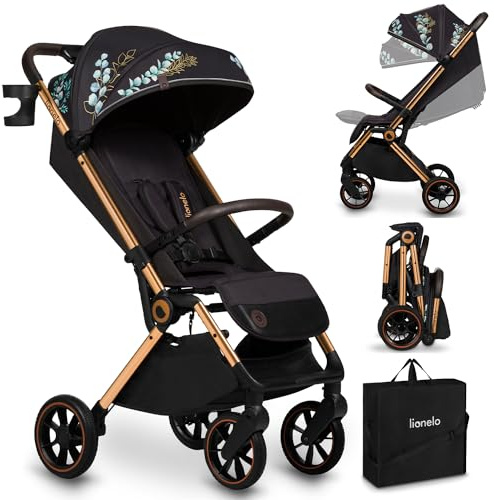 LIONELO Cloe Lätt Hopfällbar Barnvagn upp till 22 kg med Stora PU-Hjul, Auto-Folding, Justerbart Rygg- och Fotstöd, 5-punktsbälte, XXL-Sufflett UPF50+, Myggnät, Mugghållare, Vattentät – Svart Guld