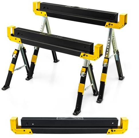 COSTWAY Lot de 2 Tréteaux Métalliques Robuste, avec Pieds Antidérapants Ajustables Reglable 61,5 à 82,7 cm, Grand Support Jusqu’à 1180kg Usage en Paire (Jaune)