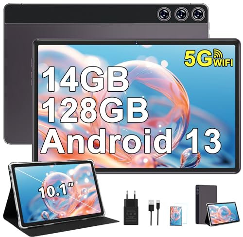 ZIOVO Tablette 10 Pouces Android 13 Tablette Tactile,14Go RAM+128Go ROM(TF 1To), Octa-Core 2.0GHz, GMS/5G WiFi Tablette/8000mAh/5MP+8MP/BT 5.0/GPS/Coque métallique Tablette avec Cas - Gris