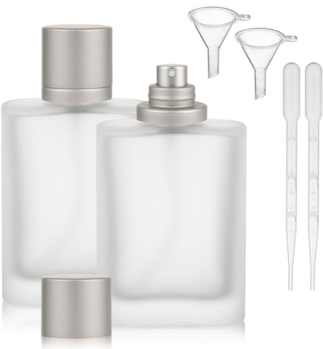 Tikplus 2 Stück Parfümflaschen Leer 100 ml, Parfüm Flakon zum Befüllen, Mattiert Parfümzerstäuber, Sprühflasche Parfüm Nachfüllbar mit Tropfer, Trichtern, Parfüm Glas Flaschen für Reisen Party (Grau)