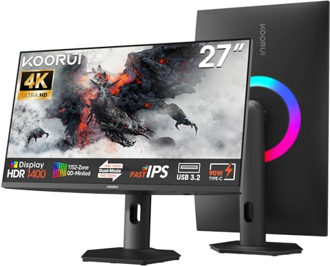 KOORUI S2741LM 27 Monitor Gaming QD-MINILED, IPS, 1ms, Modo Dual 4K UHD 160Hz / FHD 320Hz, 300000:1, HDR1400, 99% Adobe RGB, Adaptive Sync, HDMI 2.1, DP 1.4, USB 3.1, 90W Type-C