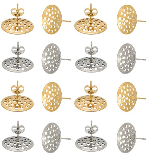 SUNNYCLUE 1 Box 20Pcs Earring Stud Finding 304 Stainless Steel Earring Posts Bulk Gold Silver Metal Flat Round Earrings Studs with Sieve Base Ear Nuts Backs for Jewellery Making DIY Crafts Supplies