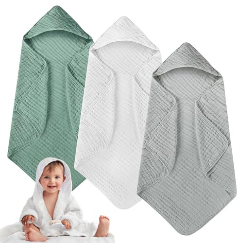 BORDEAG 3 asciugamani con cappuccio per bambini, con cappuccio in mussola di cotone a 6 strati, 80 x 80 cm, asciugamano per bambini con cappuccio, set da bagno per neonati